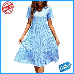 Women's Tiered Midi Dress V-Neck Short Sleeve Loose Fit Cotton Boho Sundress